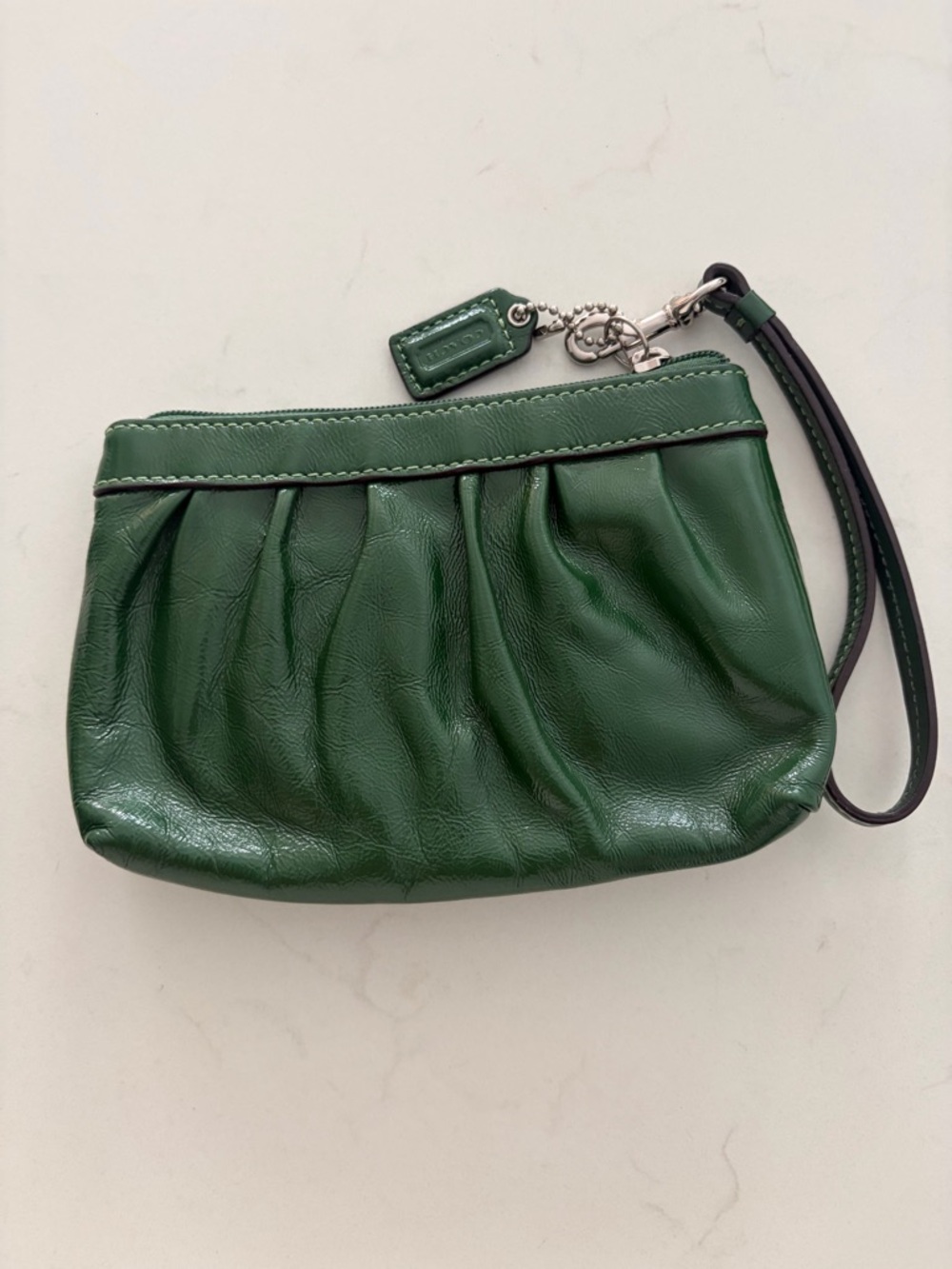 Coach Green Pleated Patent Leather Wristlet Clutch